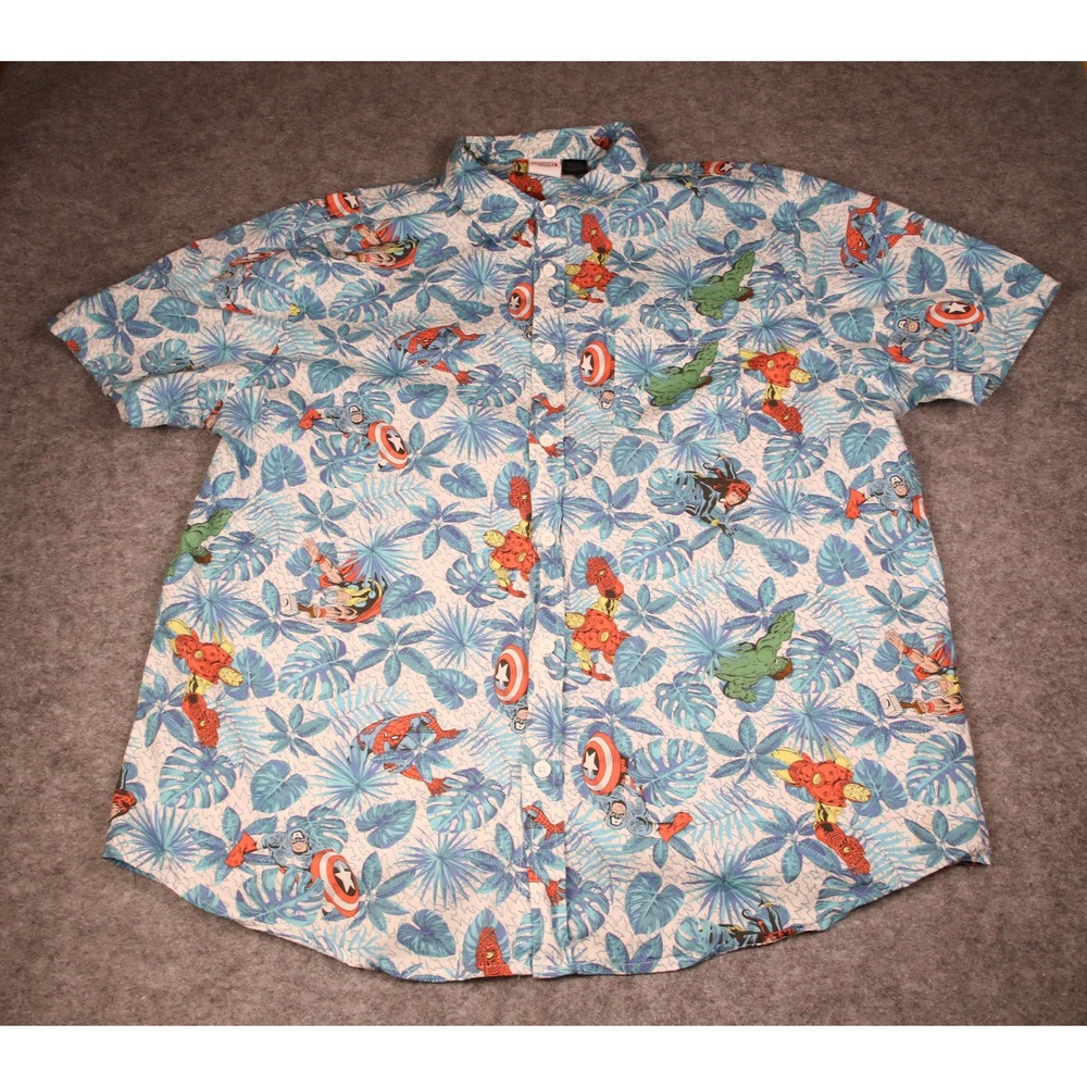 Marvel Mad Engine Mens 2XL Avengers Tropical Hawaiian Button Up Shirt Blue - Picture 1 of 6
